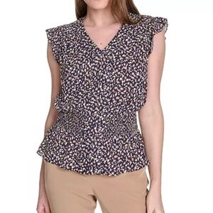 Tommy Hilfiger, Printed Smock-Waist Flutter Sleeve Blouse, Size M